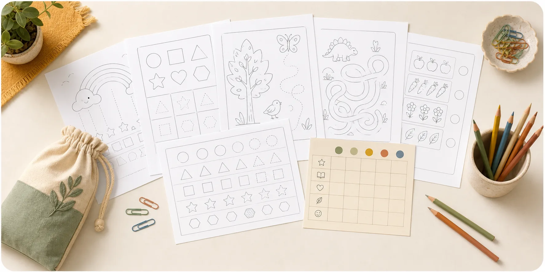 Mockup de apostilas e folhas de atividades do Clube Mente Brilhante.